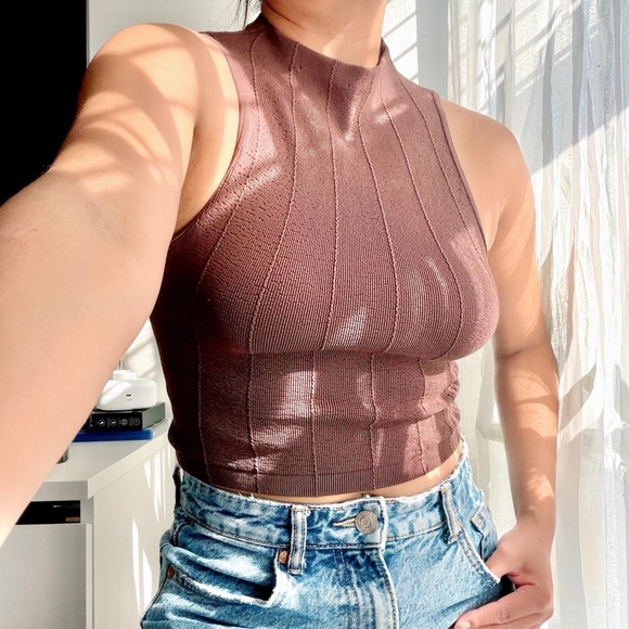 Zara Tops - Zara Brown Ribbed Mock-Neck Crop Top